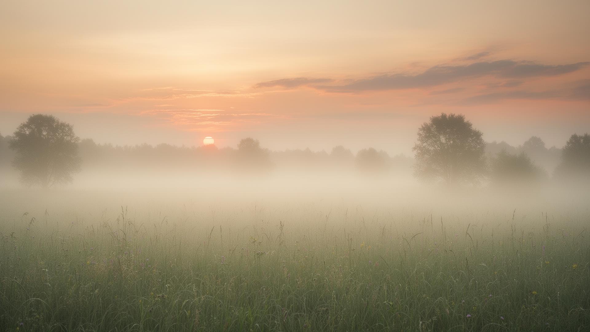Sanfter Sonnenaufgang über einer nebligen Wiese