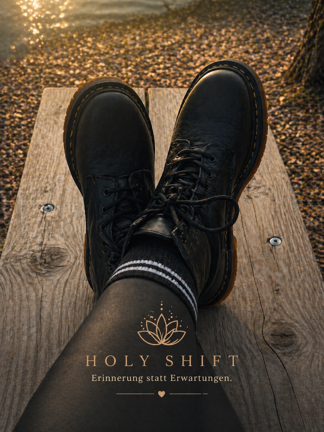 Schwere Boots auf einer Holzbank, Herbstlaub und goldenes Licht — Holy Shift